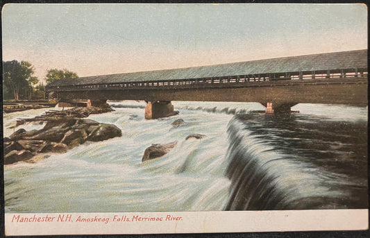 Manchester, New Hampshire, Amoskeag Falls, Merrimack River - Made in Germany - Vintage Covered Bridge Postcard