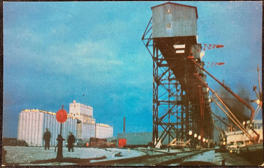 Night Scene of Ships Loading in Port Churchill, Manitoba - Made in Canada - Vintage Postcard