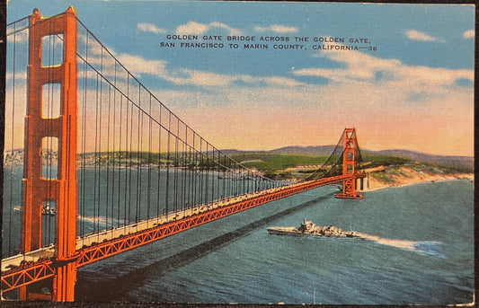 Golden Gate Bridge Across the Golden Gate, San Francisco to Marin County, California - Vintage Postcard