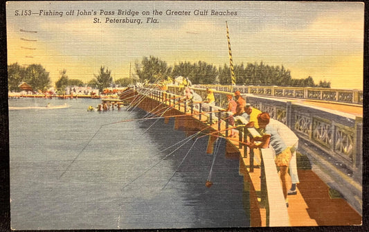Fishing off John’s Bridge On the Greater Gulf Beaches St. Petersburg, Florida - Vintage Linen Postcard