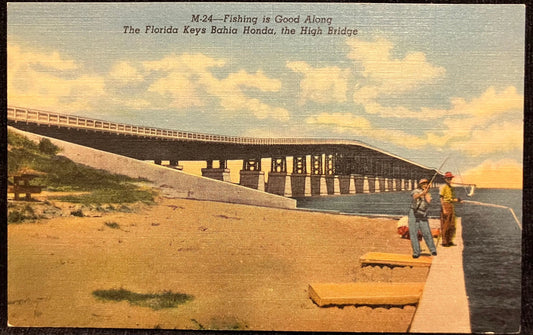 Fishing is Good Along the Florida Keys Bahia Honda, the High Bridge - Vintage Linen Postcard