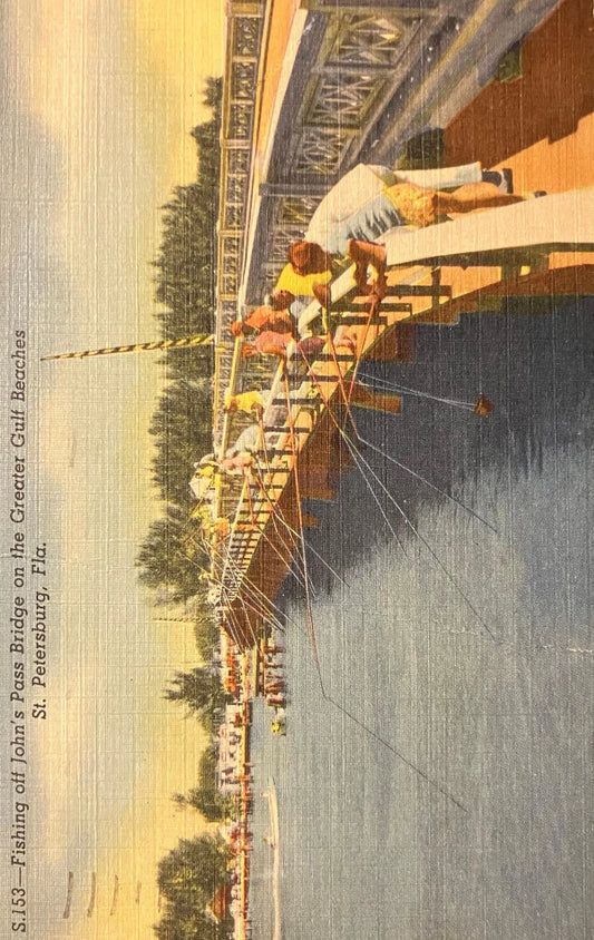 Fishing off John’s Bridge On the Greater Gulf Beaches St. Petersburg, Florida - Vintage Linen Postcard