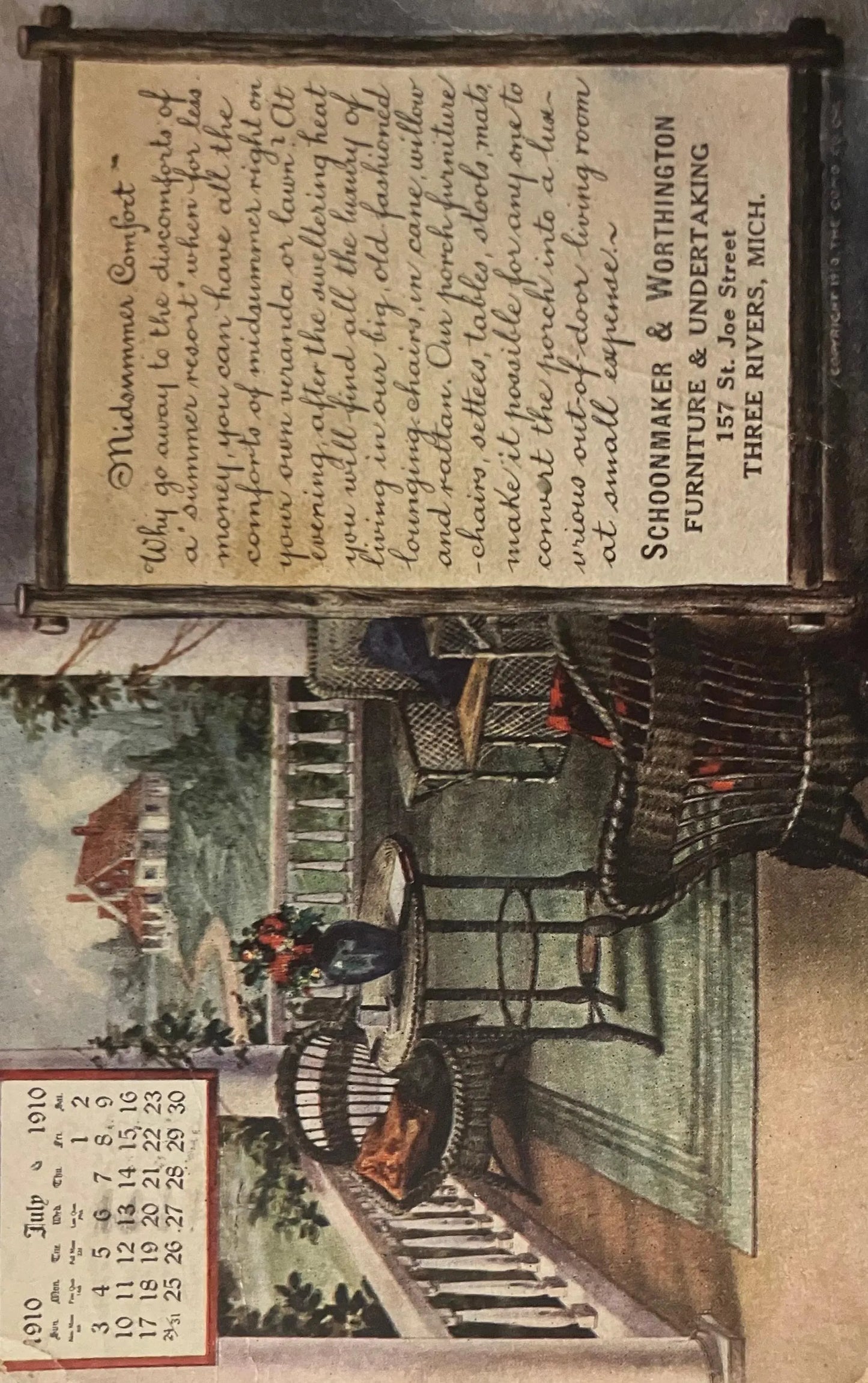 Schoonmaker and Worthington Furniture & Undertaking 157 St. Joe Street, Three Rivers, Michigan - Vintage Postcard