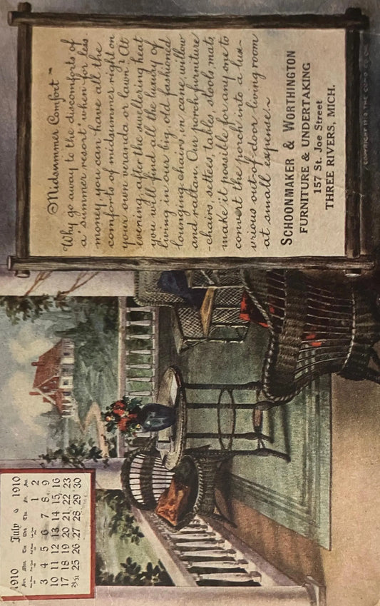 Schoonmaker and Worthington Furniture & Undertaking 157 St. Joe Street, Three Rivers, Michigan - Vintage Postcard