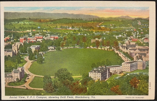 Aerial View, C. P. I. Campus, showing Drill Field, Blacksburg, Virginia - Photo by Runchey - Vintage Military Campus Postcard