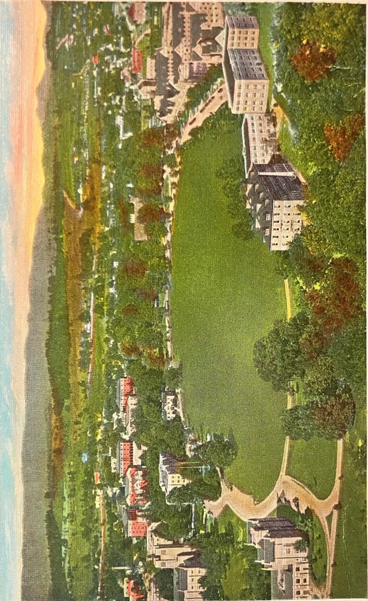 Aerial View, C. P. I. Campus, showing Drill Field, Blacksburg, Virginia - Photo by Runchey - Vintage Military Campus Postcard