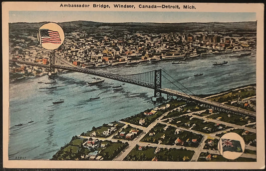 The Ambassador Bridge, Windsor, Canada - Detroit, Michigan - Vintage Postcard