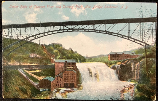 Lower Falls of Genesee River and Driving Park Ave. Bridge, Rochester, New York - Made in Germany - Vintage Postcard