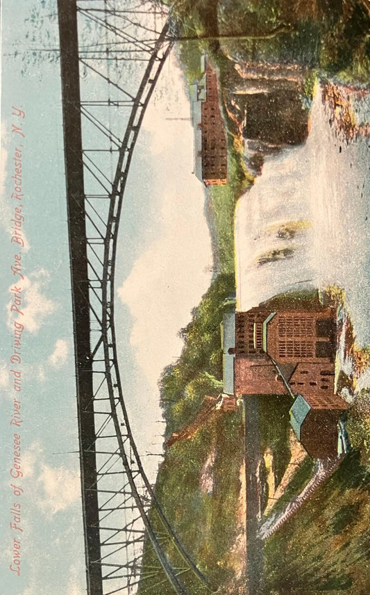 Lower Falls of Genesee River and Driving Park Ave. Bridge, Rochester, New York - Made in Germany - Vintage Postcard