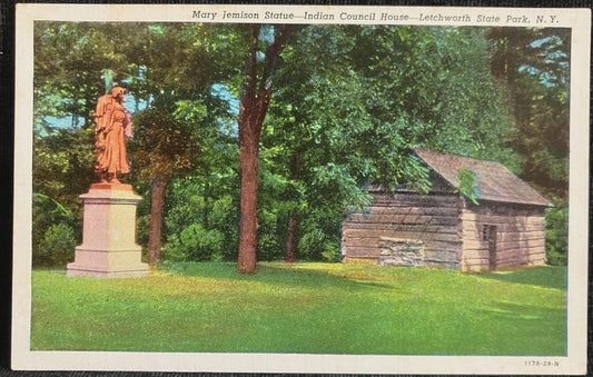 Mary Jemison Statue - Indian Council House - Letchworth State Park, New York - Vintage Postcard
