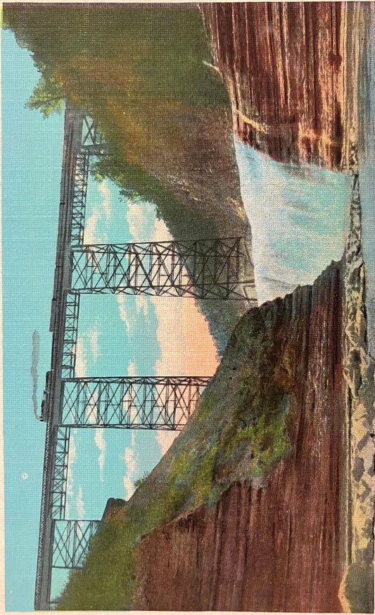 Erie R. R. Bridge - Upper Falls - Letchworth State Park, New York - Vintage Linen Postcard
