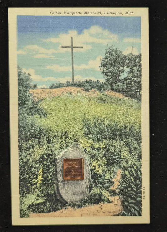 Father Marquette Memorial, Ludington, Michigan - Vintage 1950s Postcard
