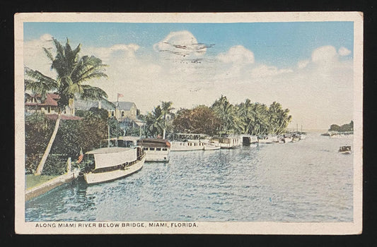 Along Miami River Below Bridge, Miami, Florida - Vintage 1920s Postcard
