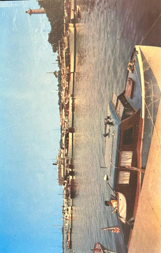 View of Put-In-Bay, Ohio Harbor Showing Perry's Monument in Background - Vintage Beach Scene Postcard