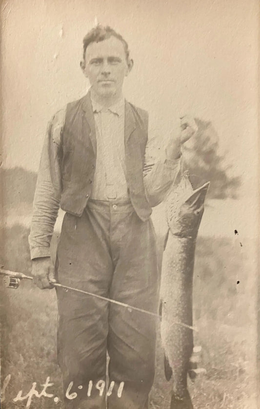 RPPC - Man Standing with Northern Pike - Sept. 6, 1911 - Vintage Fishing Postcard