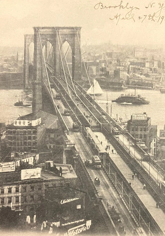 Brooklyn Bridge, Birdseye view, New York City - Vintage 1900s Postcard