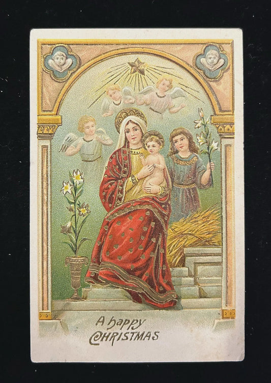 A Happy Christmas - Virgin Mother and Child - Vintage Holiday Postcard