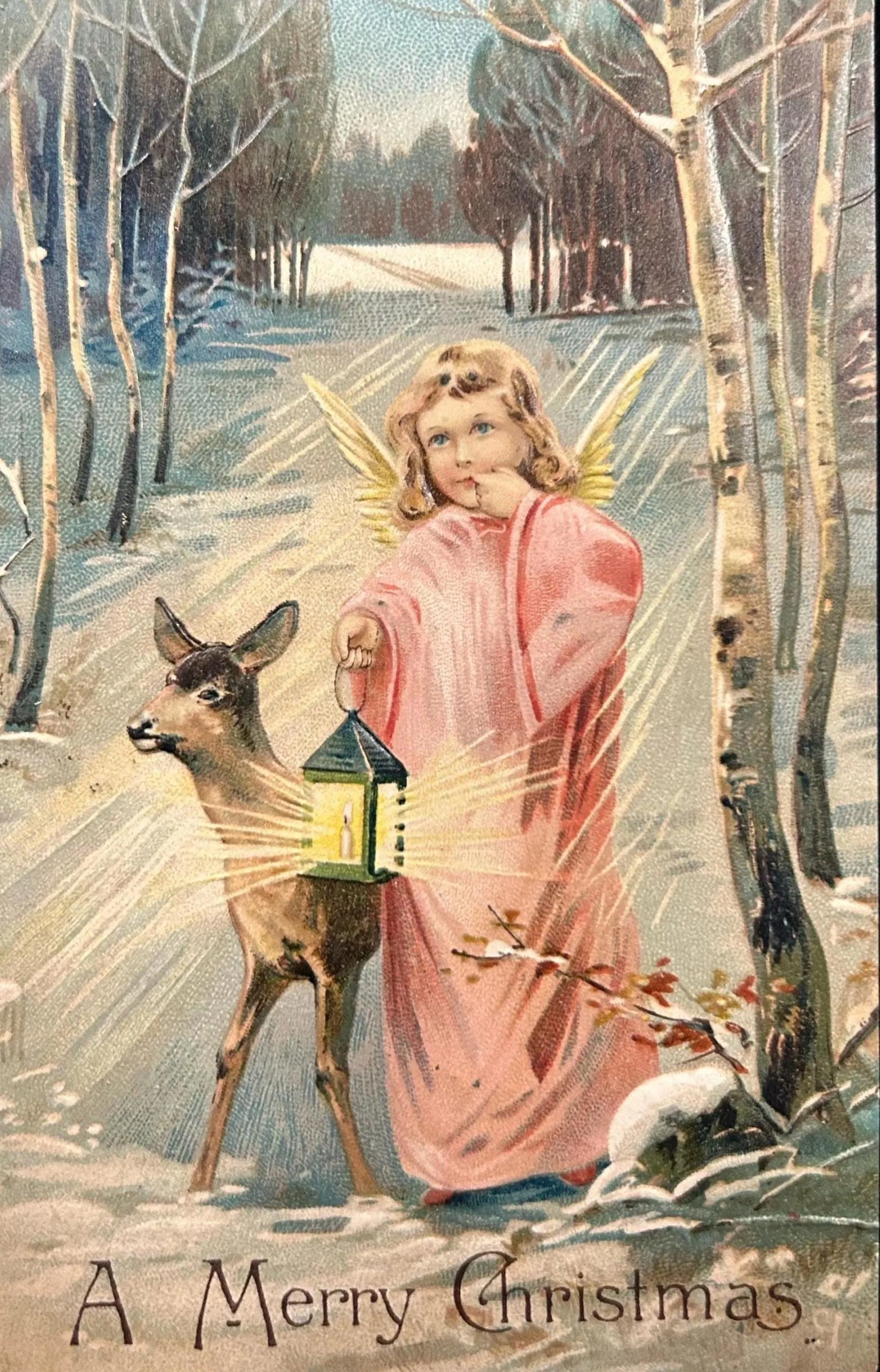 A Merry Christmas - Angel with fawn and lantern - Vintage Holiday Postcard