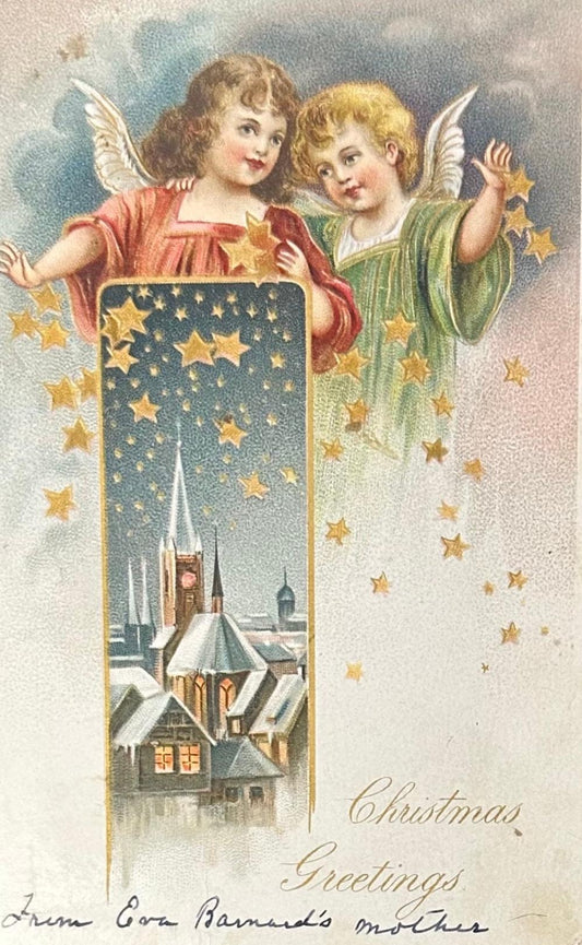 Christmas Greetings With Angels and Church- Vintage 1905 Address onlyPostcard