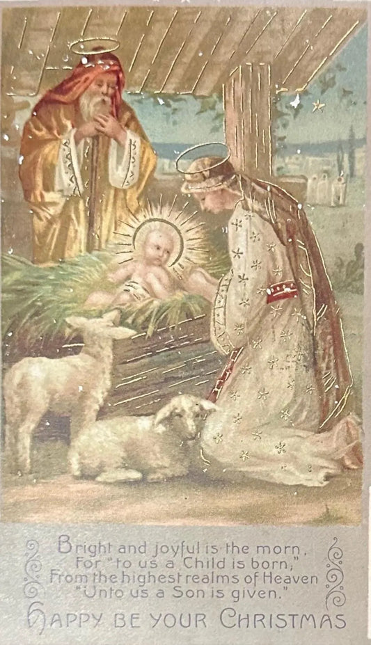 Vintage-style nativity scene with three wise men and baby Jesus, featuring text.