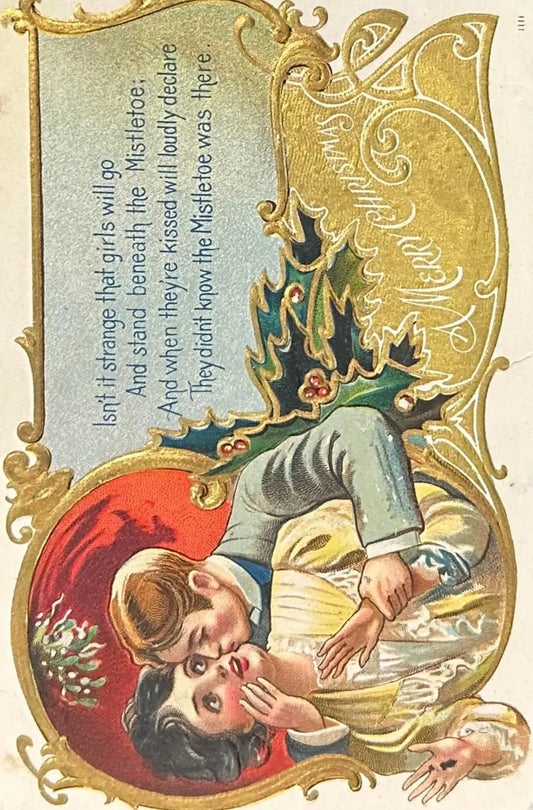 A Merry Christmas with A Surprise Kiss! - Vintage Postcard