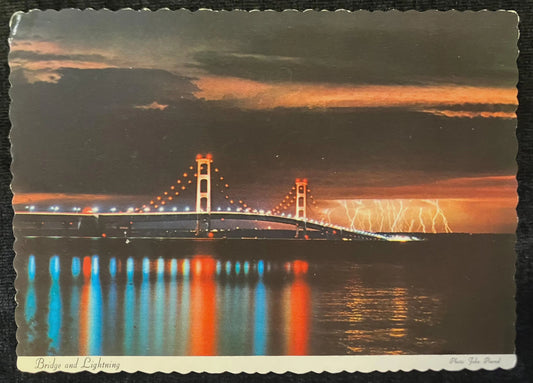 Mackinac Bridge and Lightning, Michigan - Photo by John Penrod - Vintage Postcard