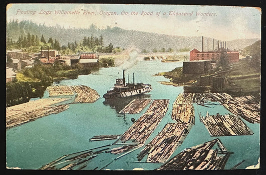 Floating Logs Willamette River, Oregon, On the Road of a Thousand Wonders - Vintage 1910s Linen Postcards