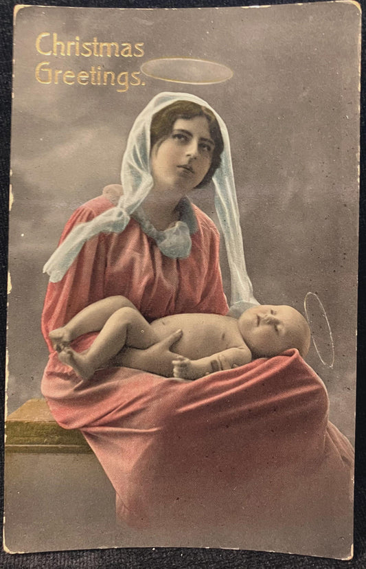Christmas Greetings - Virgin Mary and Baby Jesus with Halos - Made in Saxony - Vintage Real Photo Postcard