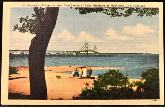 Mackinac Bridge as seen from Shores of Lake Michigan at Mackinaw City, Michigan - Vintage Postcard