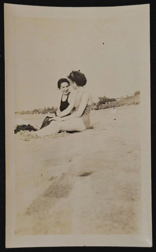 Two Bathing Beauties by Lake Michigan, at Gary Indiana Beach in 1937 , names were Peg and Lynn - Real Black and White 1937 Photograph    (New)