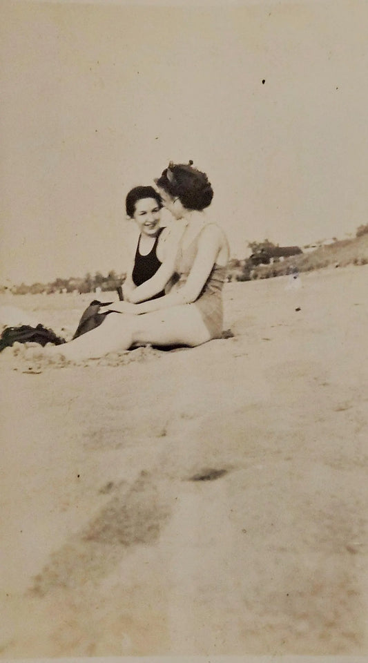 Two Bathing Beauties by Lake Michigan, at Gary Indiana Beach in 1937 , names were Peg and Lynn - Real Black and White 1937 Photograph    (New)