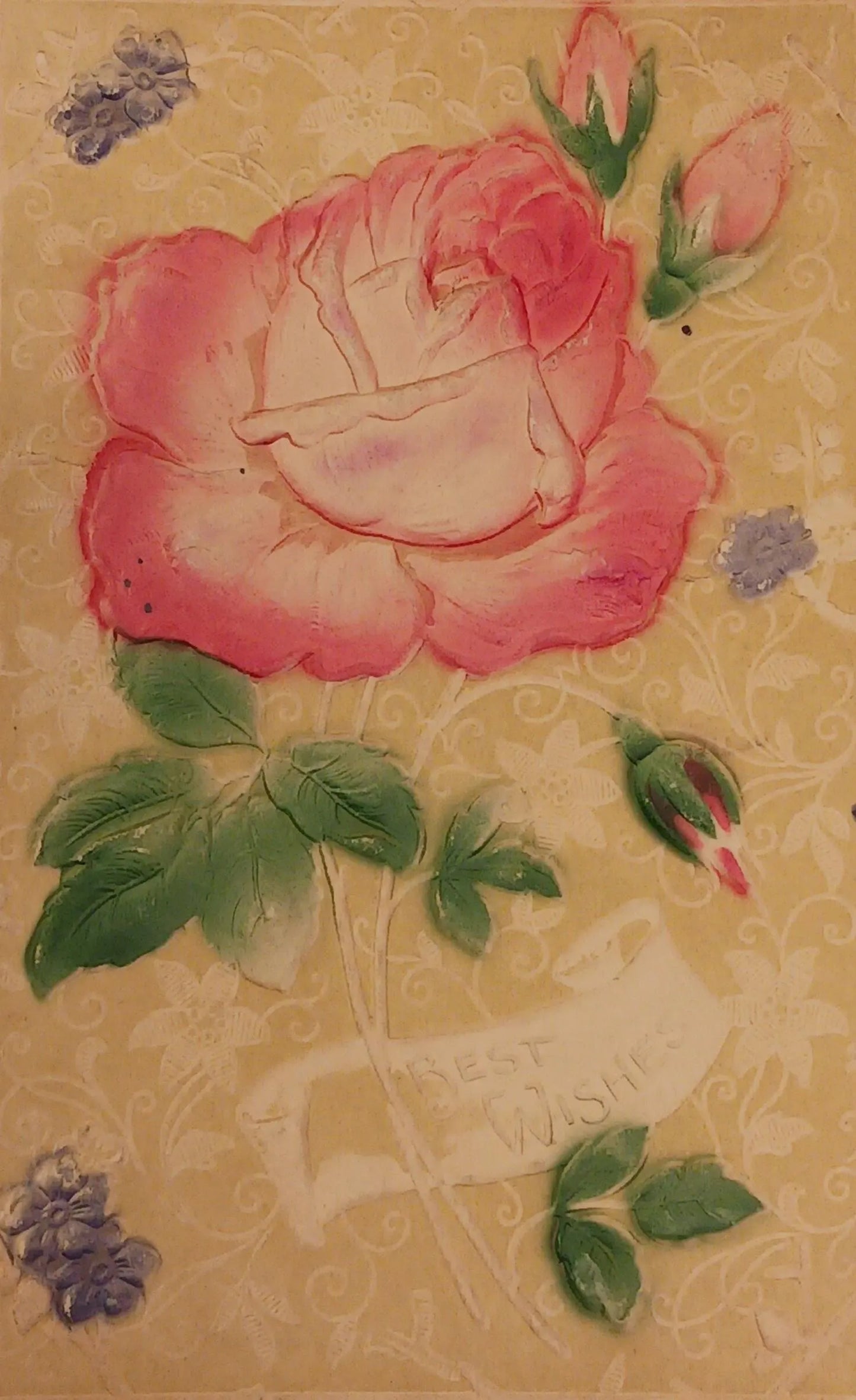 Best Wishes Floral Greeting Card - Embossed pink rose and forget me nots