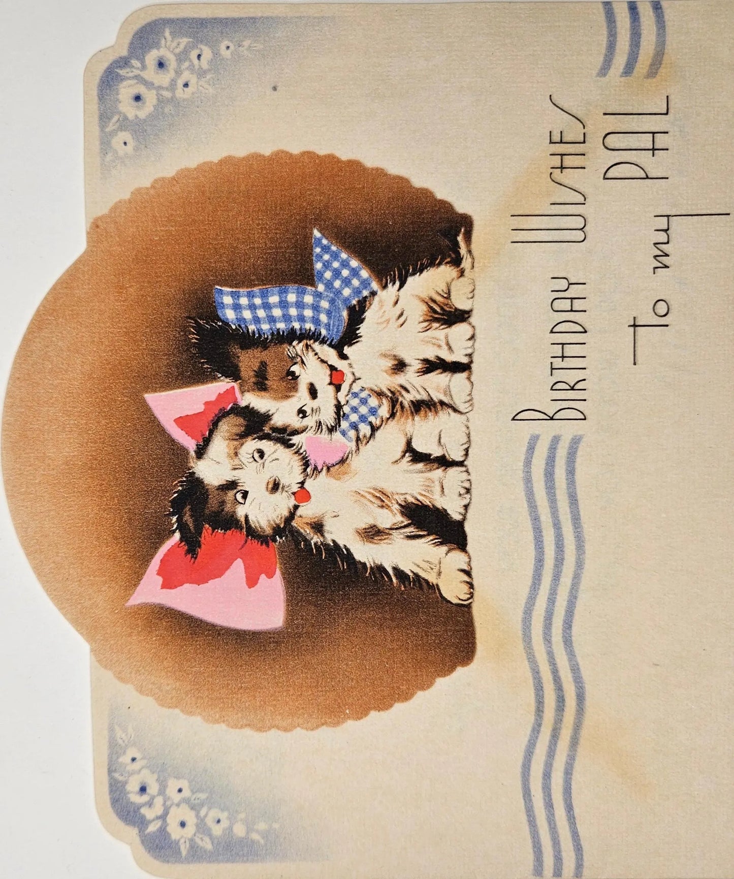Art Deco Birthday Card - Birthday Wishes To My Pal - Two dogs in Bows - Sweet verse to a Pal inside