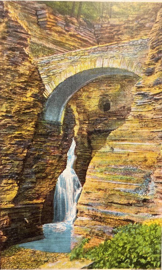 Entrance Cascade and Sentry Bridge, Watkins Glen, New York - Vintage Postcard
