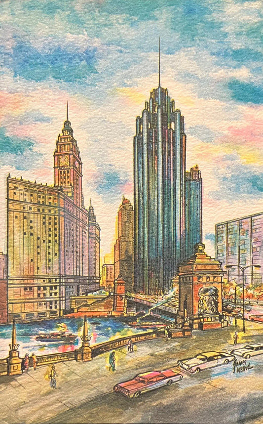Chicago Art Card - Michigan Avenue at the Chicago River - Water Color by James Axelrod - Vintage Art Postcard