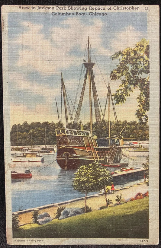 View in Jackson Park Showing Replica of Christopher Columbus Boat, Chicago, Illinois - Vintage Park Postcard