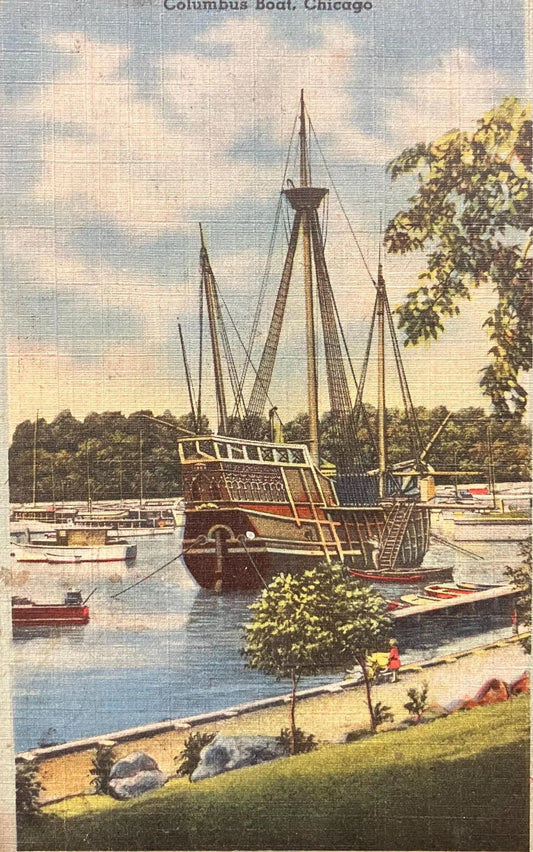 View in Jackson Park Showing Replica of Christopher Columbus Boat, Chicago, Illinois - Vintage Park Postcard