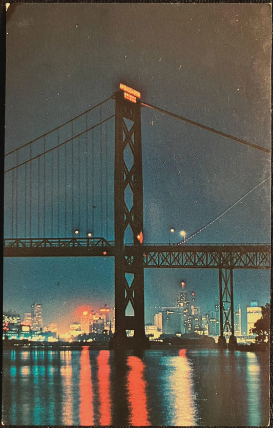 Night View of the Ambassador Bridge Between Detroit, Michigan, and Windsor, Ontario - Photo: Jack Bain - Vintage Bridge Postcard