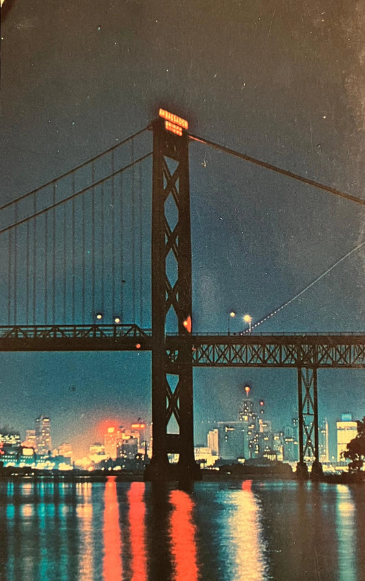 Night View of the Ambassador Bridge Between Detroit, Michigan, and Windsor, Ontario - Photo: Jack Bain - Vintage Bridge Postcard
