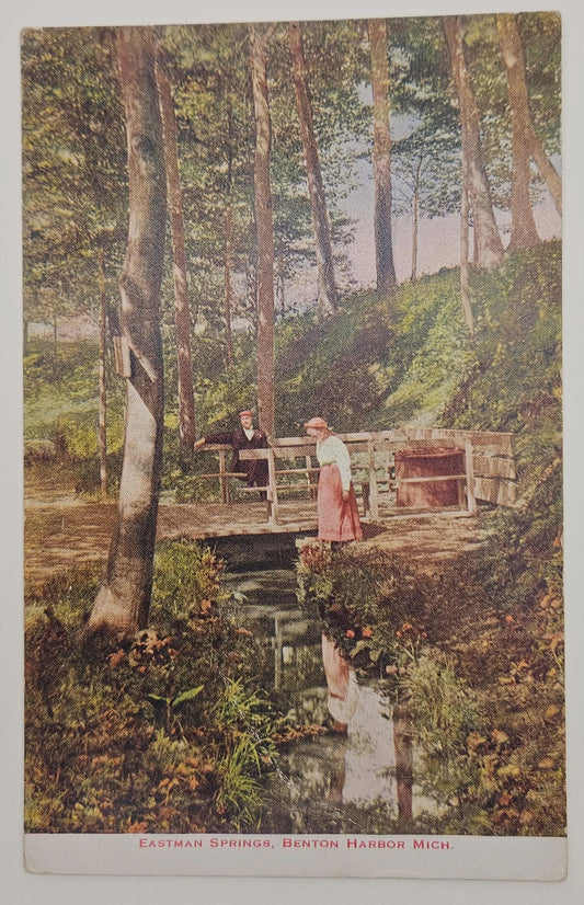 Eastman Springs Man And Woman Bridge Over Creek, Benton Harbor, Michigan - Vintage Postcard
