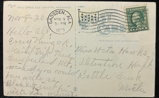 On front: Noccalula Falls, Gadsden, AlabamaOn back: Blank Mailed: Postmark on November 9, 1920 from Gadsden, Alabama with a green one cent George Washington stamp Condition: Good with some aging Publisher: C. T. American Art Color