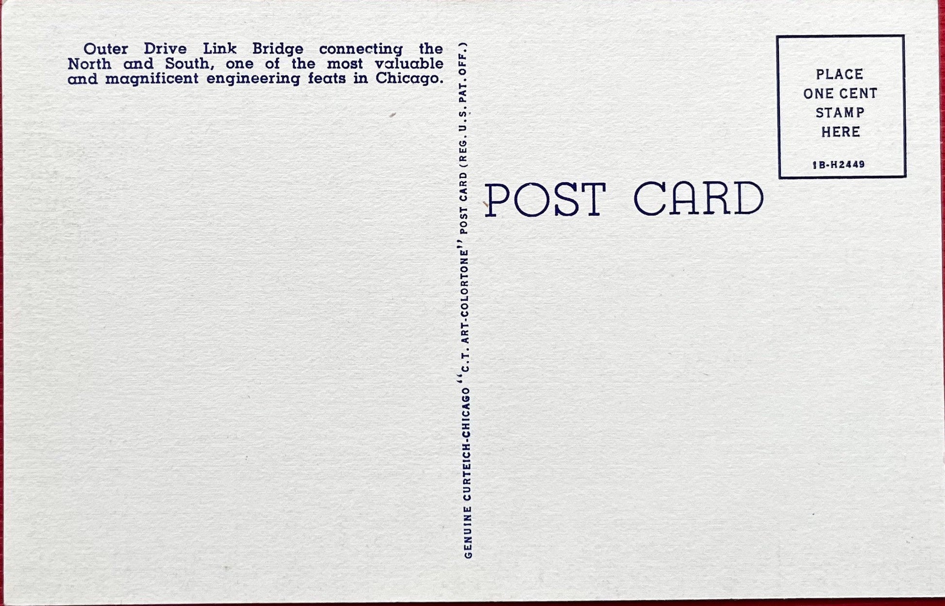 A Cur Teich linen postcard that is in great condition. Depicts the beautiful Outer Drive Link Bridge, which was completed in 1937. This postcard is perfect for a Chicago postcard collection! Back Text: "Outer Drive Link Bridge connecting the North and South, one of the most valuable and magnificent engineering feats in Chicago." Postmark: None Publisher: Cur Teich Co. 1941