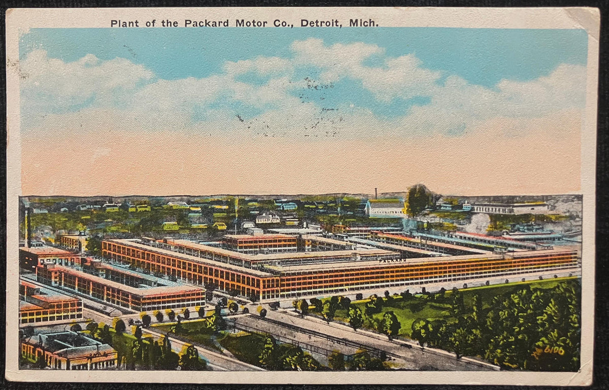 Vintage postcard of the Packard Motor Co. plant in Detroit, Michigan