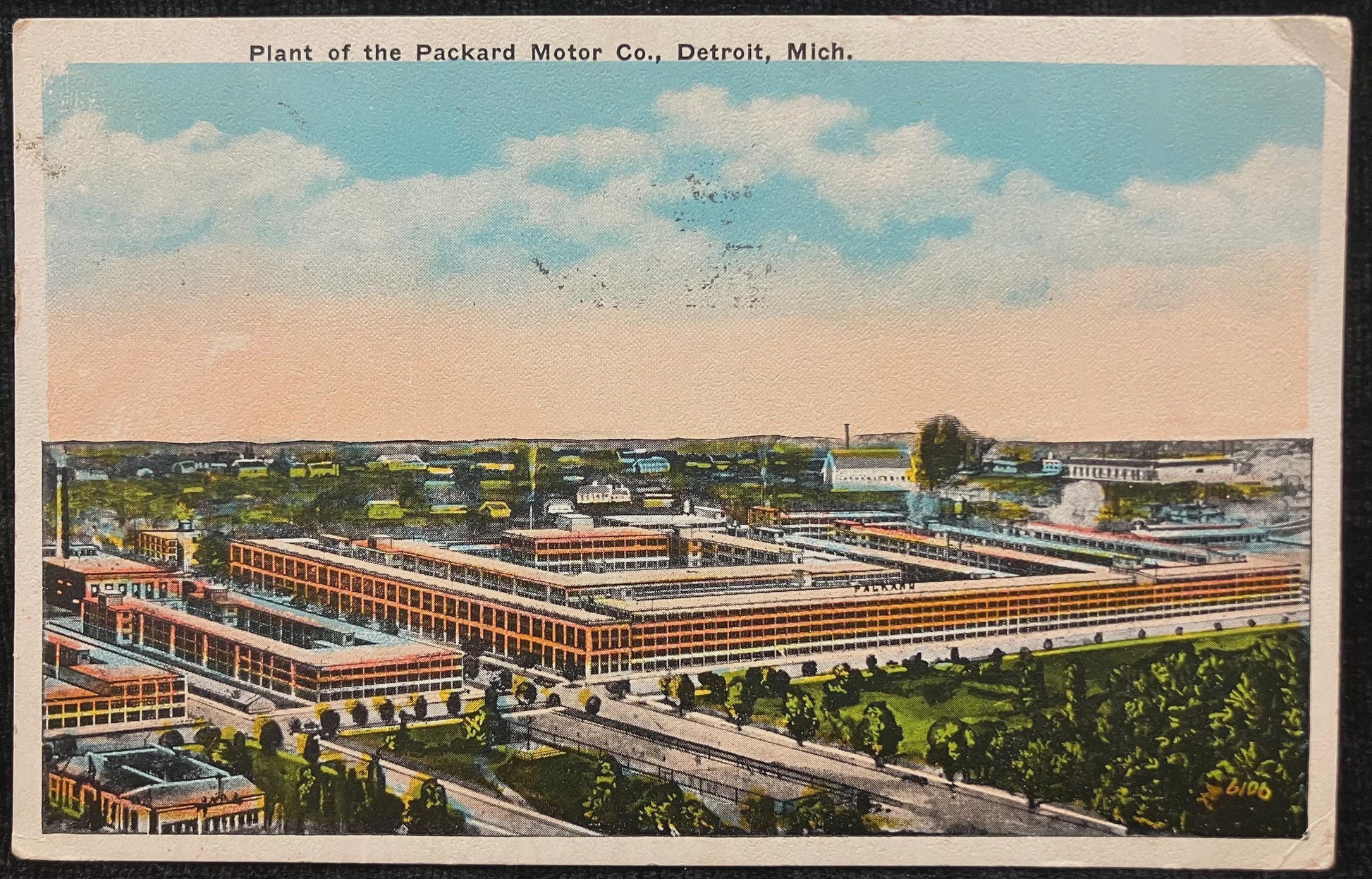Vintage postcard of the Packard Motor Co. plant in Detroit, Michigan