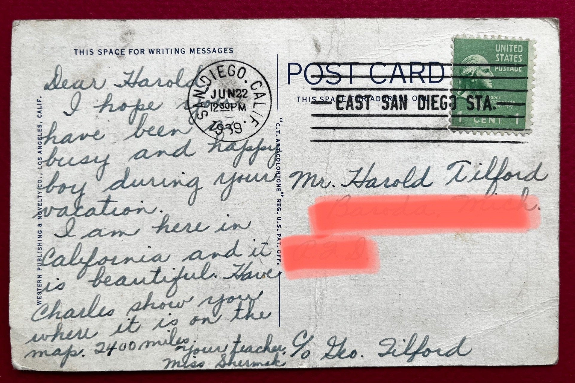 This postcard features a beautiful view of palms and flowers from a residential district in California. Distributed by Western Publishing & Novelty Co. this postcard is a "C.T. Art-Colortone". There is some wear on the corners and a crease on the bottom left corner, nothing to ruin the image. Postmark: June 22, 1939 - San Diego, CAPublisher: Curt Teich Co. 1931