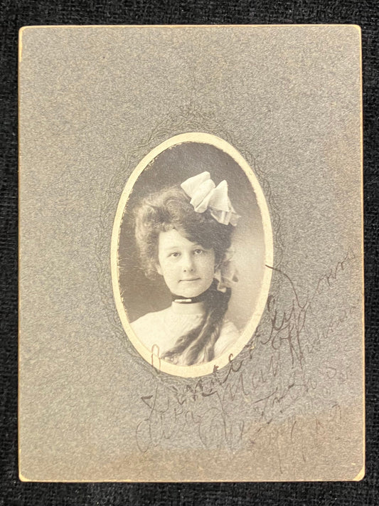1909 Photo of beautiful Lady with Big Hair Bow and Side Ringlets - Oval Black-and-White Photo