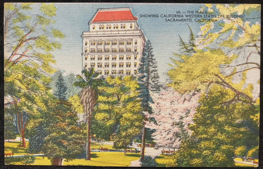 Vintage postcard of Western States Life building in Sacramento, California with trees and greenery.