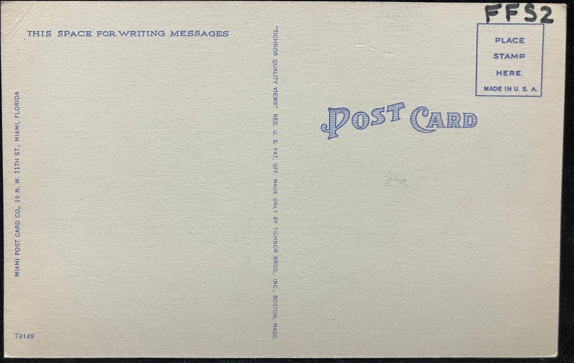 41st Street Bridge and Ocean Front Hotels, Miami Beach, Florida - Linen Bridge Postcard. No stamp, message, address or postmark: text "FFS2" has been written above the stamp placement mark.