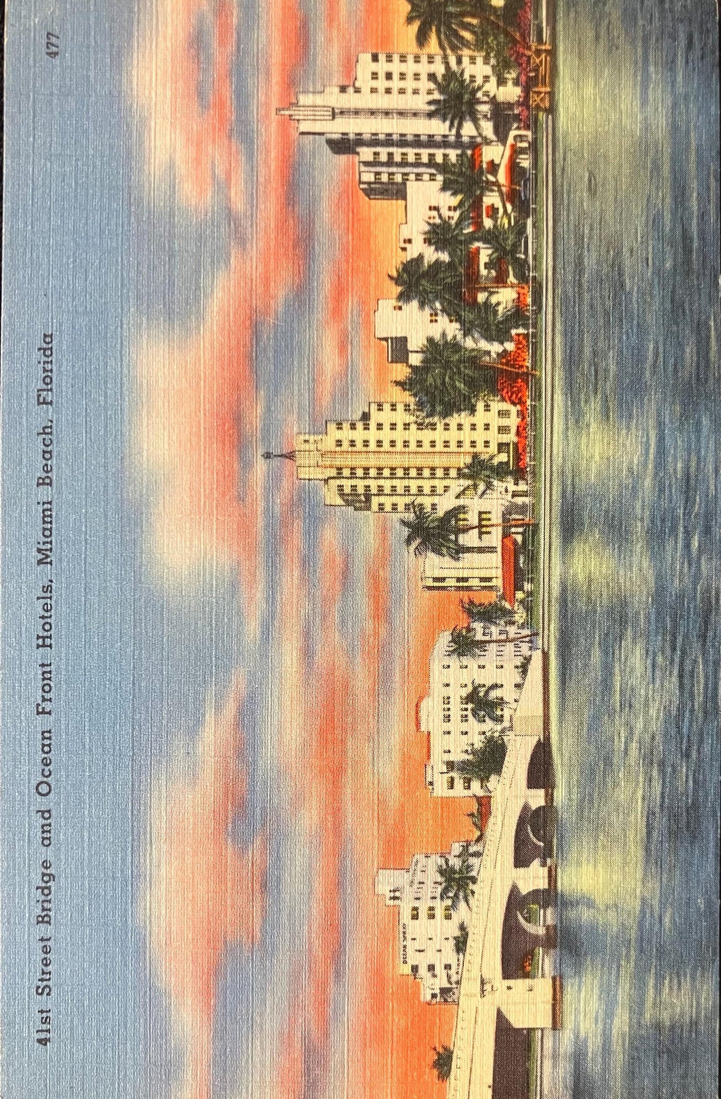41st Street Bridge and Ocean Front Hotels, Miami Beach, Florida - Linen Bridge Postcard