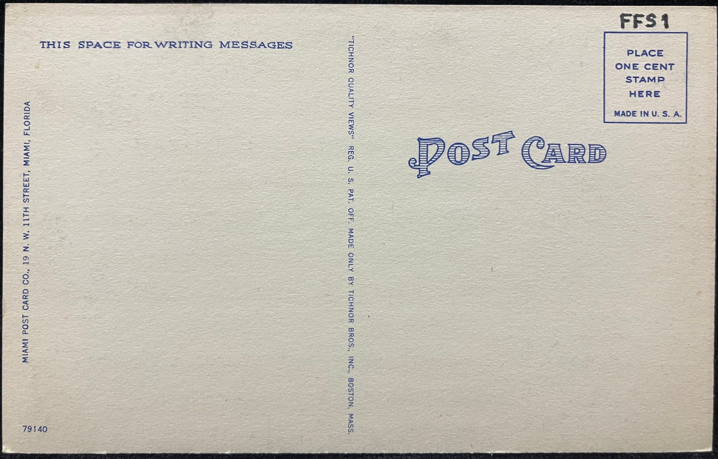 41st Street Bridge over Indian Creek, Miami Beach, Florida - Linen Bridge Postcard. Back. no handwriting, stamp or postmark.